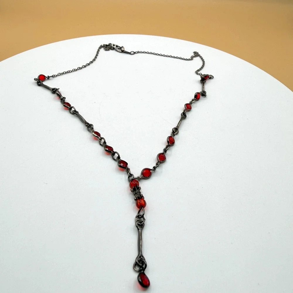 KOREN Red Crystal Y Drop Necklace Gunmetal Tone Gothic Victorian Statement Gift